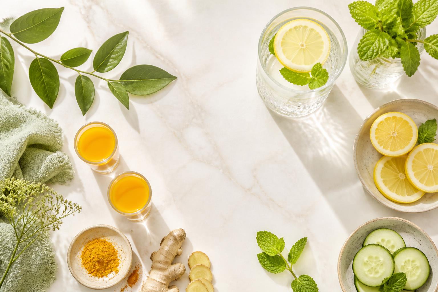 Mesa com água de limão, shots de cúrcuma, gengibre e folhas frescas do Protocolo Clean